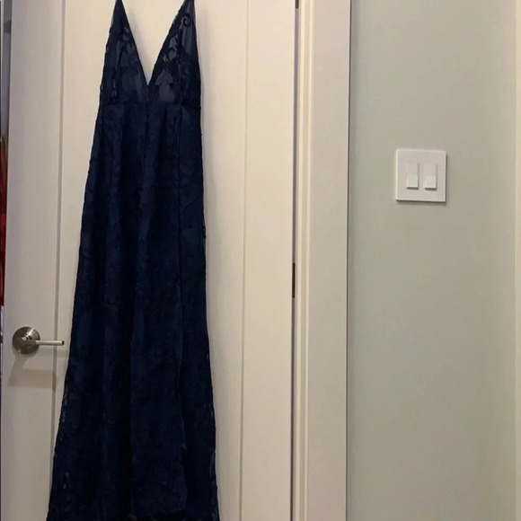 Navy Blue Brocade Halter Maxi Wrap Dress - Picture 5 of 11